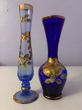 Cobalt Blue Hand-Painted Floral Glass Vase - Gold Trim